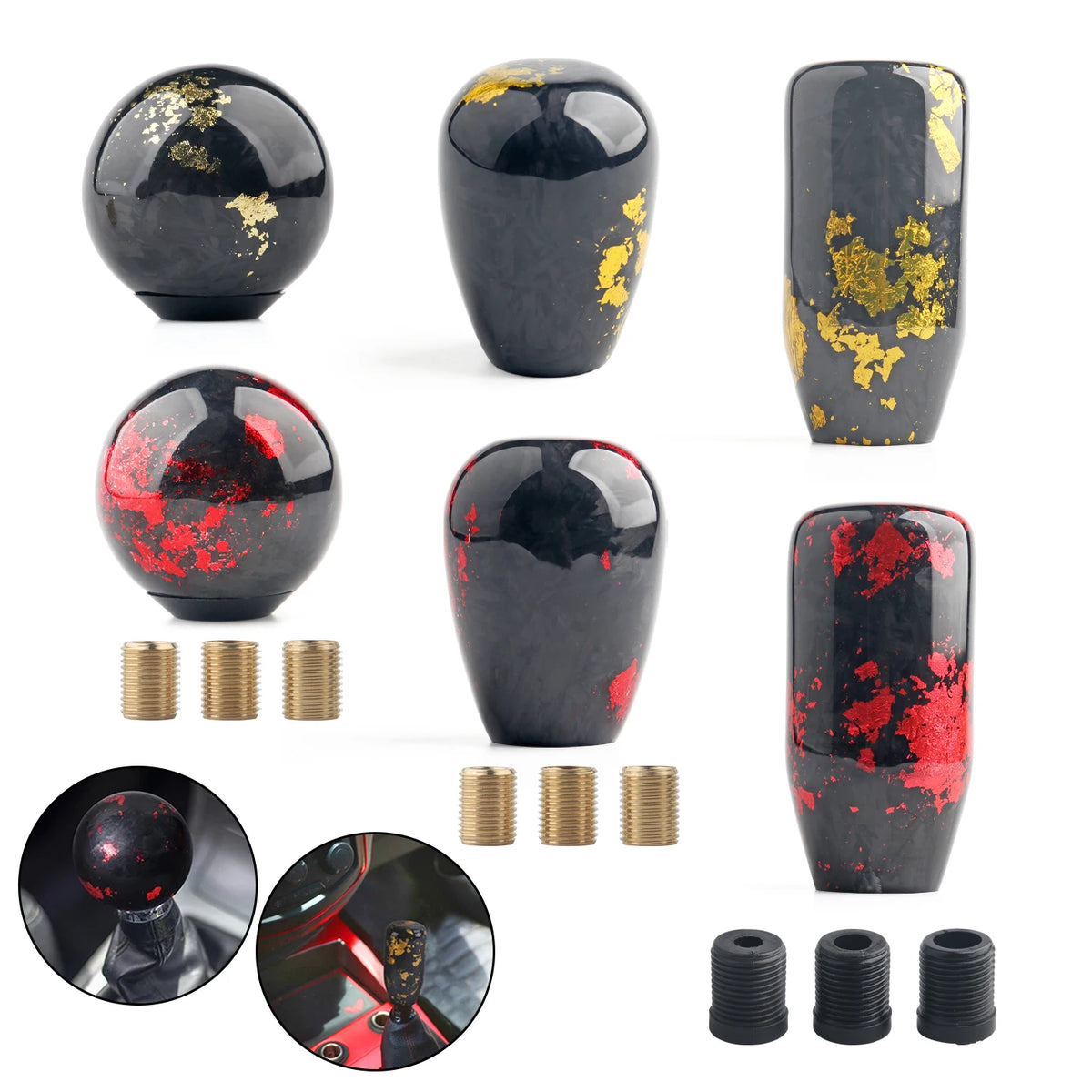 Black resin JDM shift knobs with metallic gold and red accents in round and ergonomic shapes