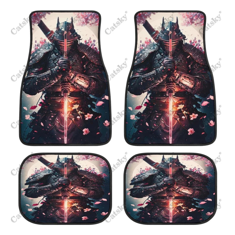Black car floor mats featuring a bold red and white Japanese samurai warrior design, front and rear set