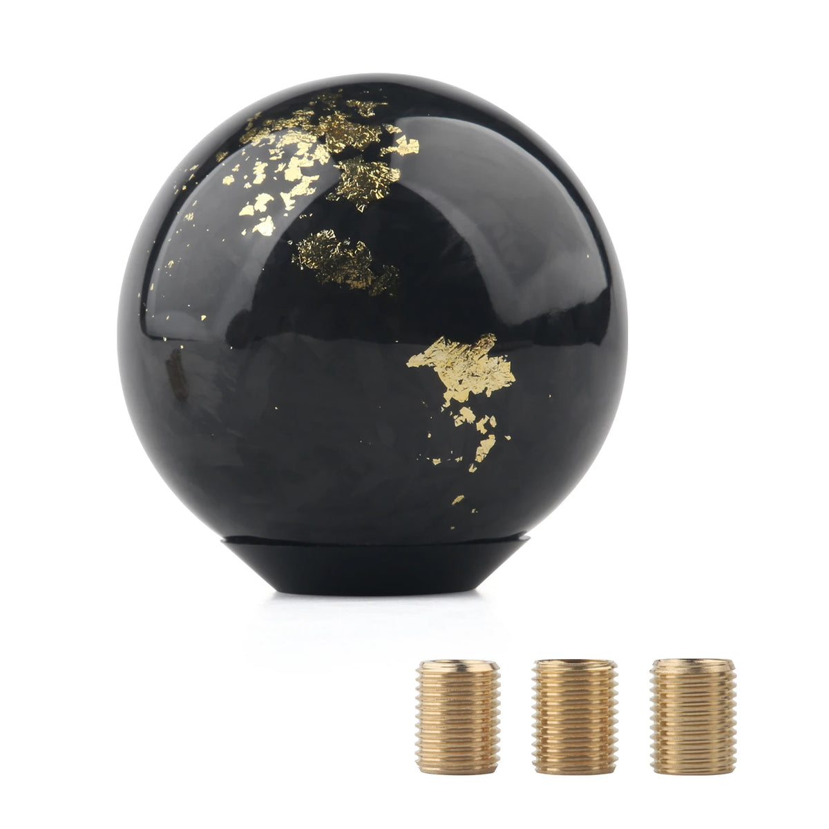 Black resin JDM shift knobs with metallic gold and red accents in round and ergonomic shapes
