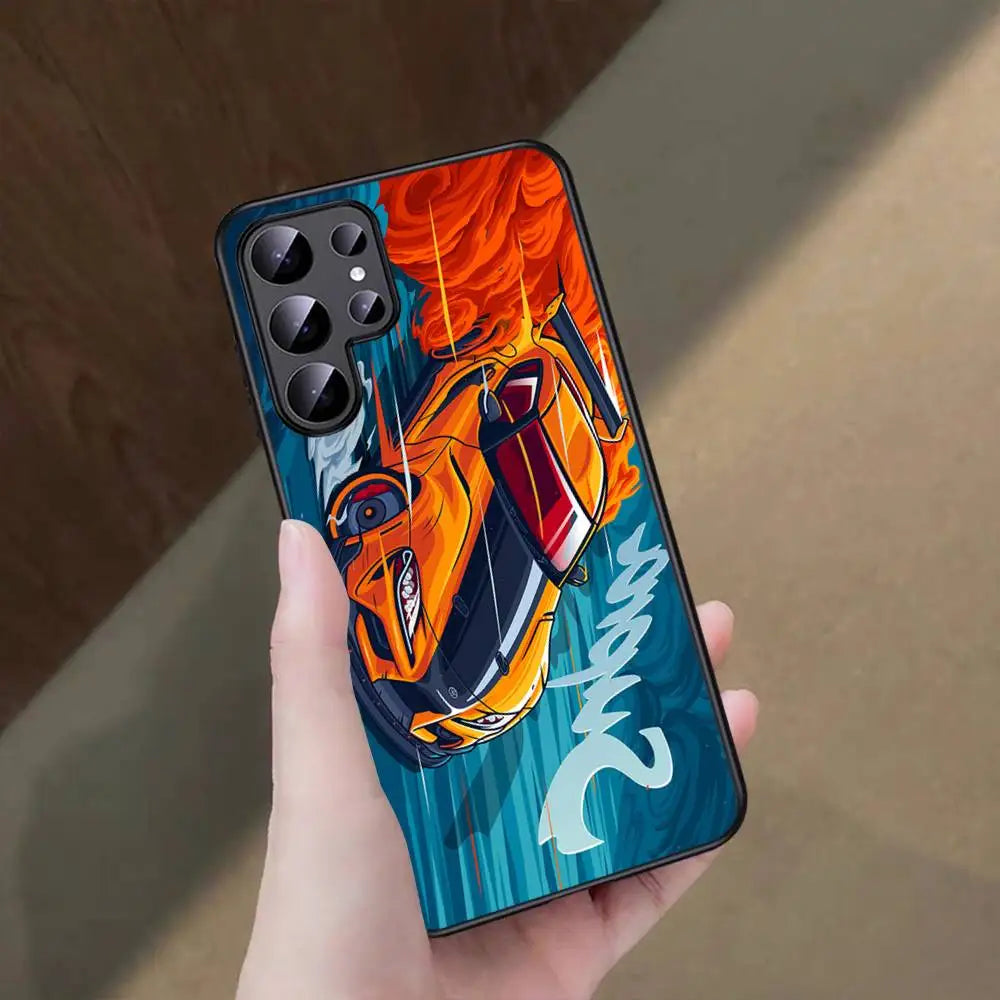 JDM-inspired sports car phone cases featuring colorful blue and pink racing artwork