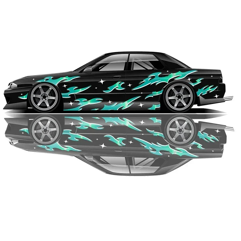Premium Universal Drift Car Liveries Flame Streaks featuring bold flame graphics, racing decals, and JDM-inspired wrap artwork for drift cars, tuner builds, track cars, and show vehicles.