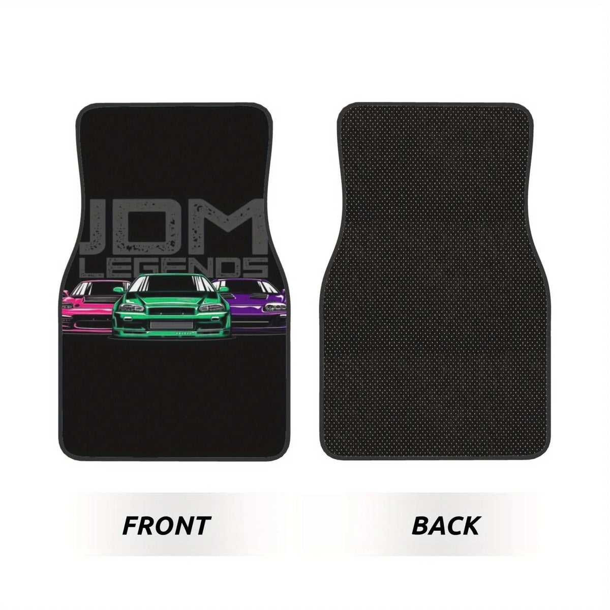 JDM Legends car floor mats featuring colorful Japanese sports cars on a black background inside a vehicle interior