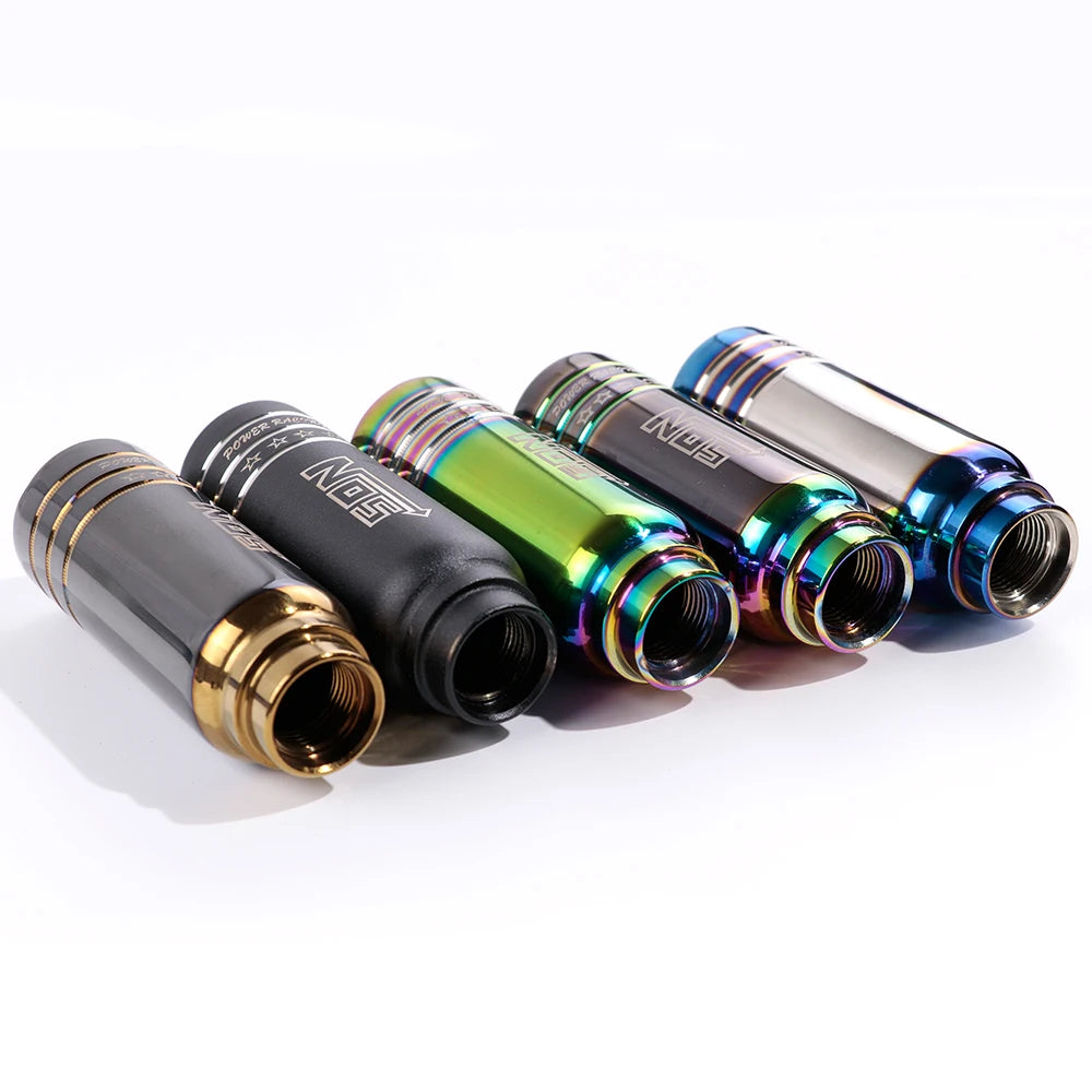 JDM racing manual shift knobs in black, chrome, and rainbow finishes with engraved graphics