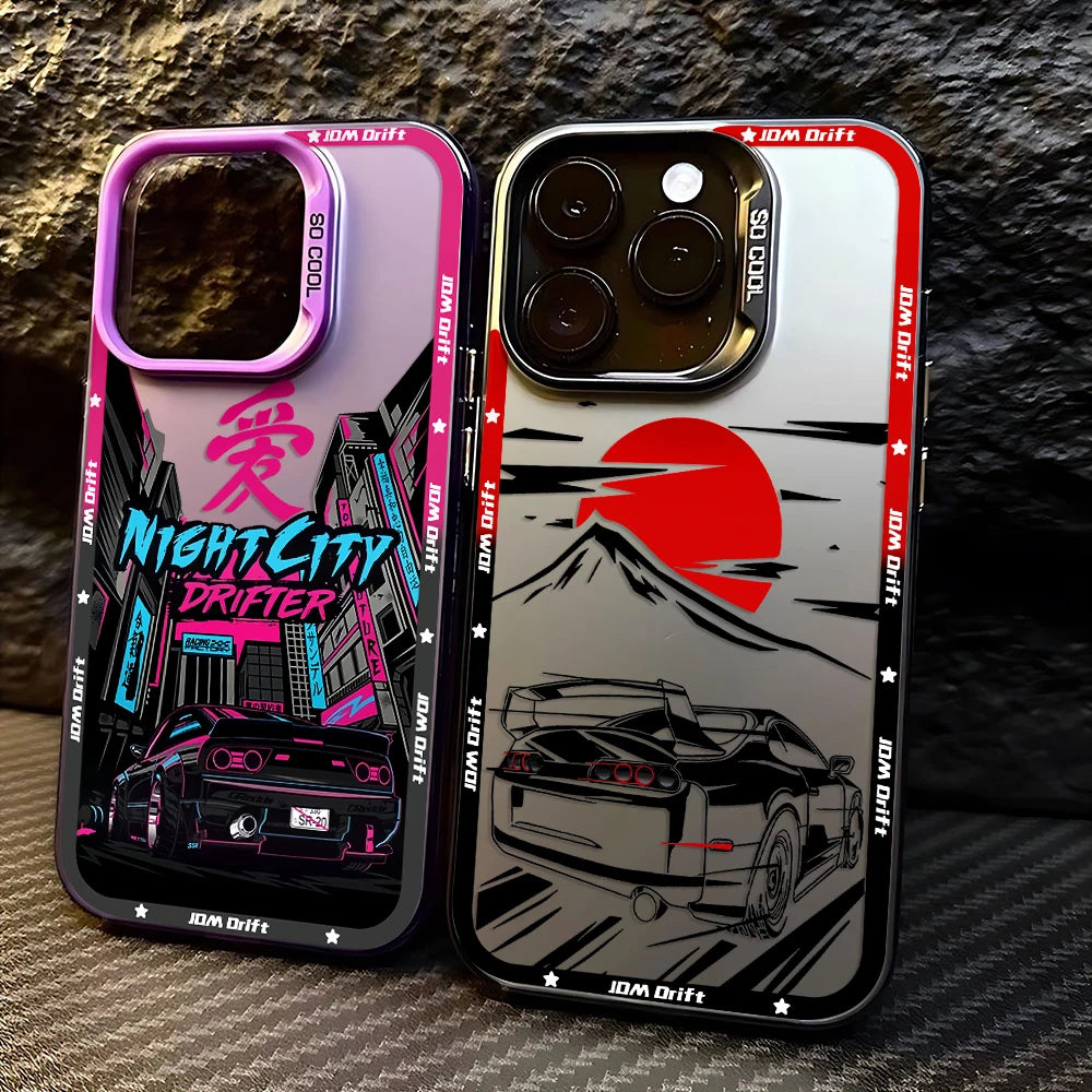 JDM drift phone cases featuring Japanese street racing artwork, performance cars, and mountain-inspired graphics
