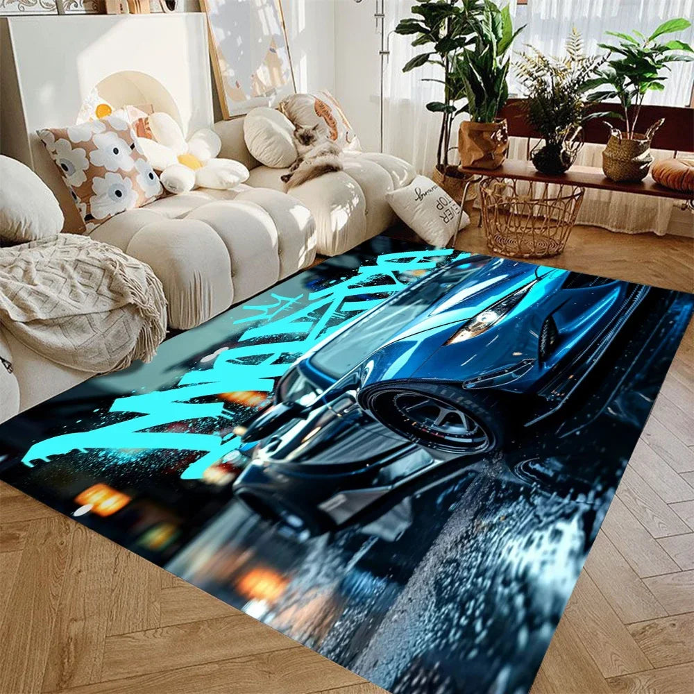 supercar racing area rug featuring multiple red sports cars on a black background in a modern living room