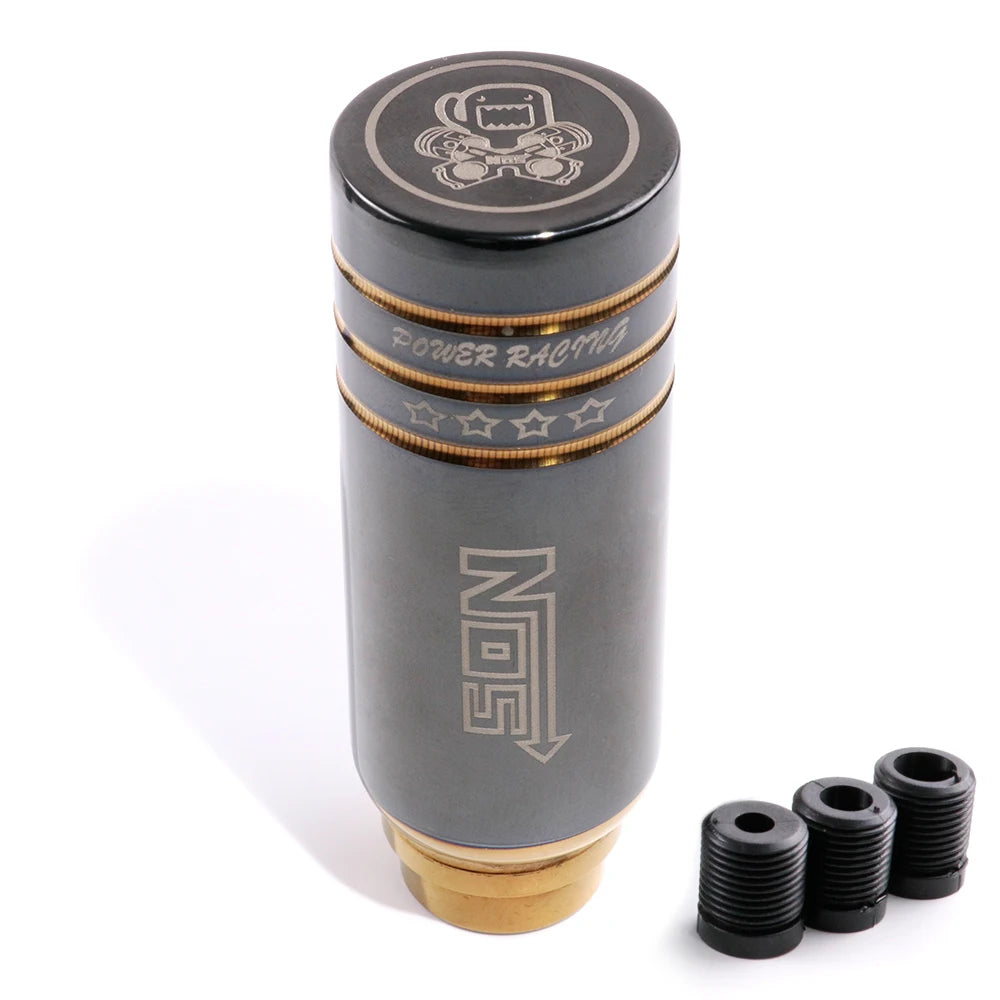 JDM racing manual shift knobs in black, chrome, and rainbow finishes with engraved graphics