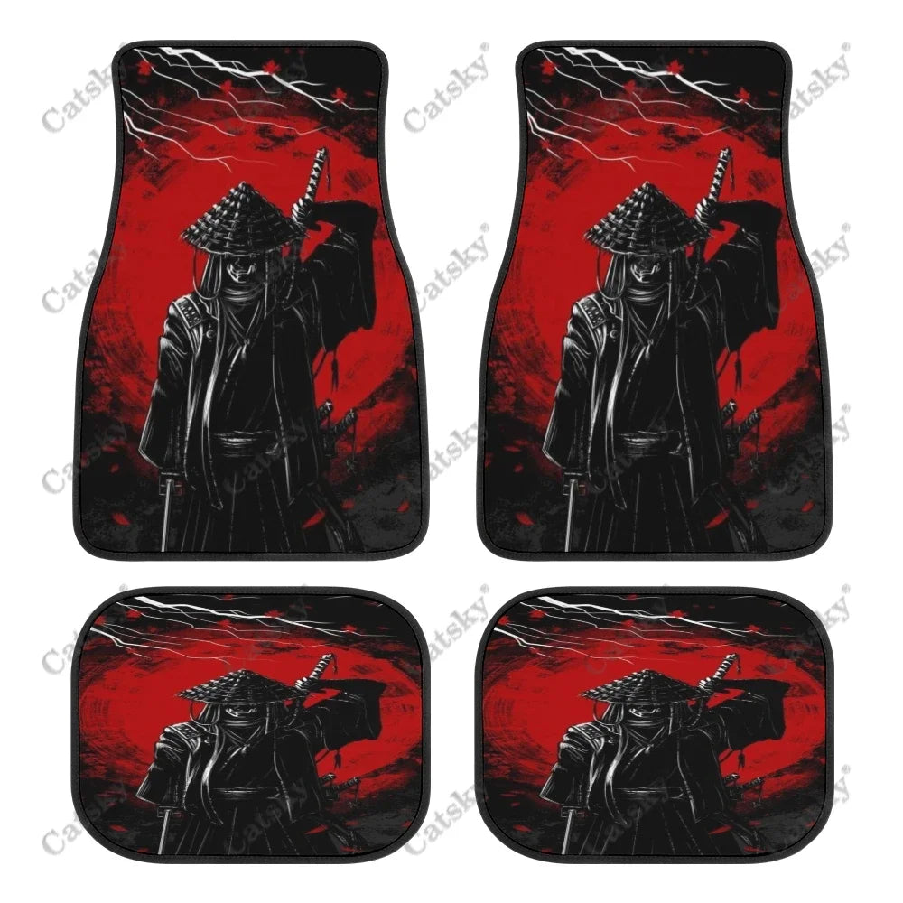 Black car floor mats featuring a bold red and white Japanese samurai warrior design, front and rear set