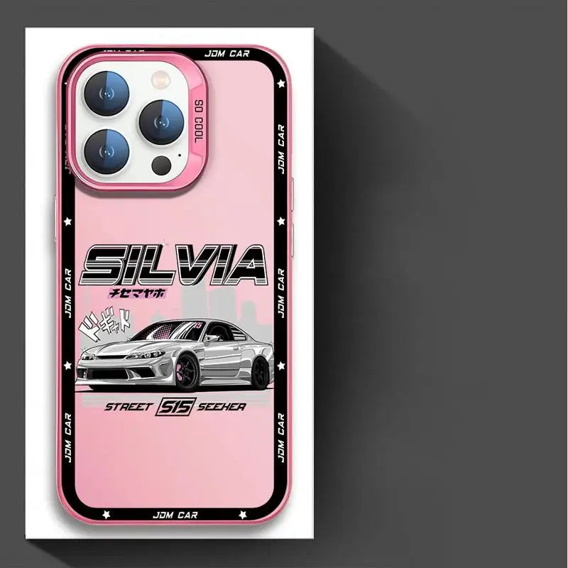 JDM phone cases featuring Japanese tuner car artwork with Skyline, Silvia, and Lancer-inspired designs