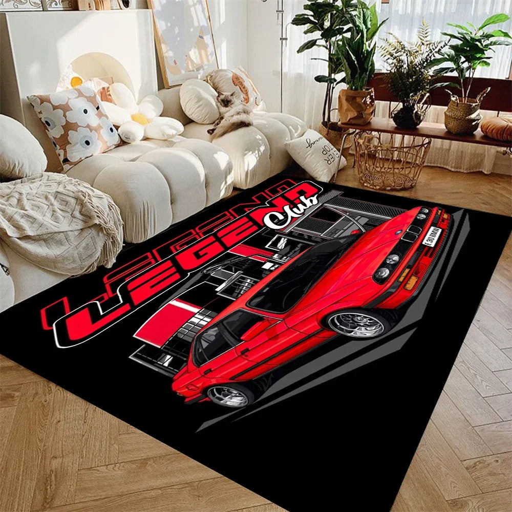 supercar racing area rug featuring multiple red sports cars on a black background in a modern living room