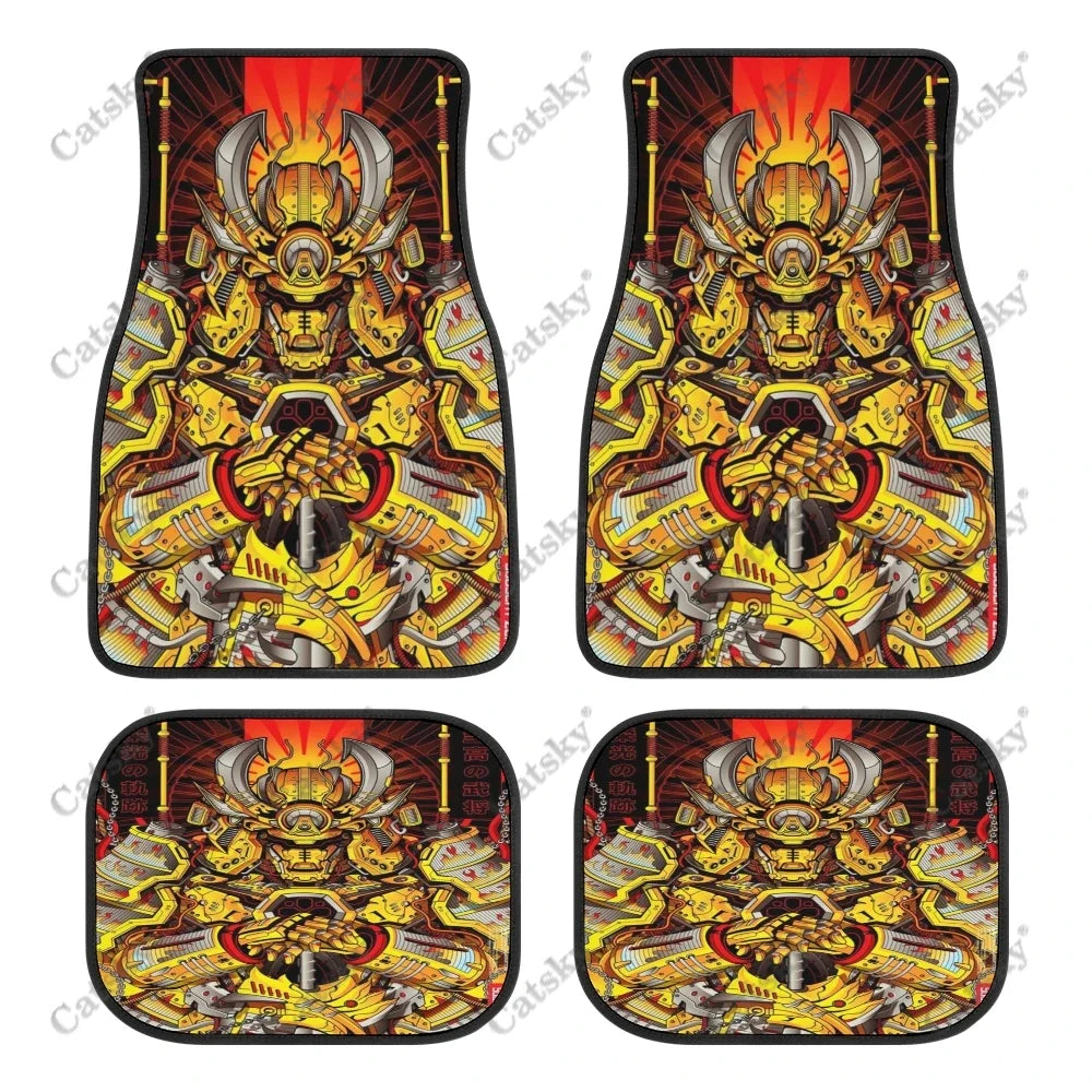 Black car floor mats featuring a bold red and white Japanese samurai warrior design, front and rear set