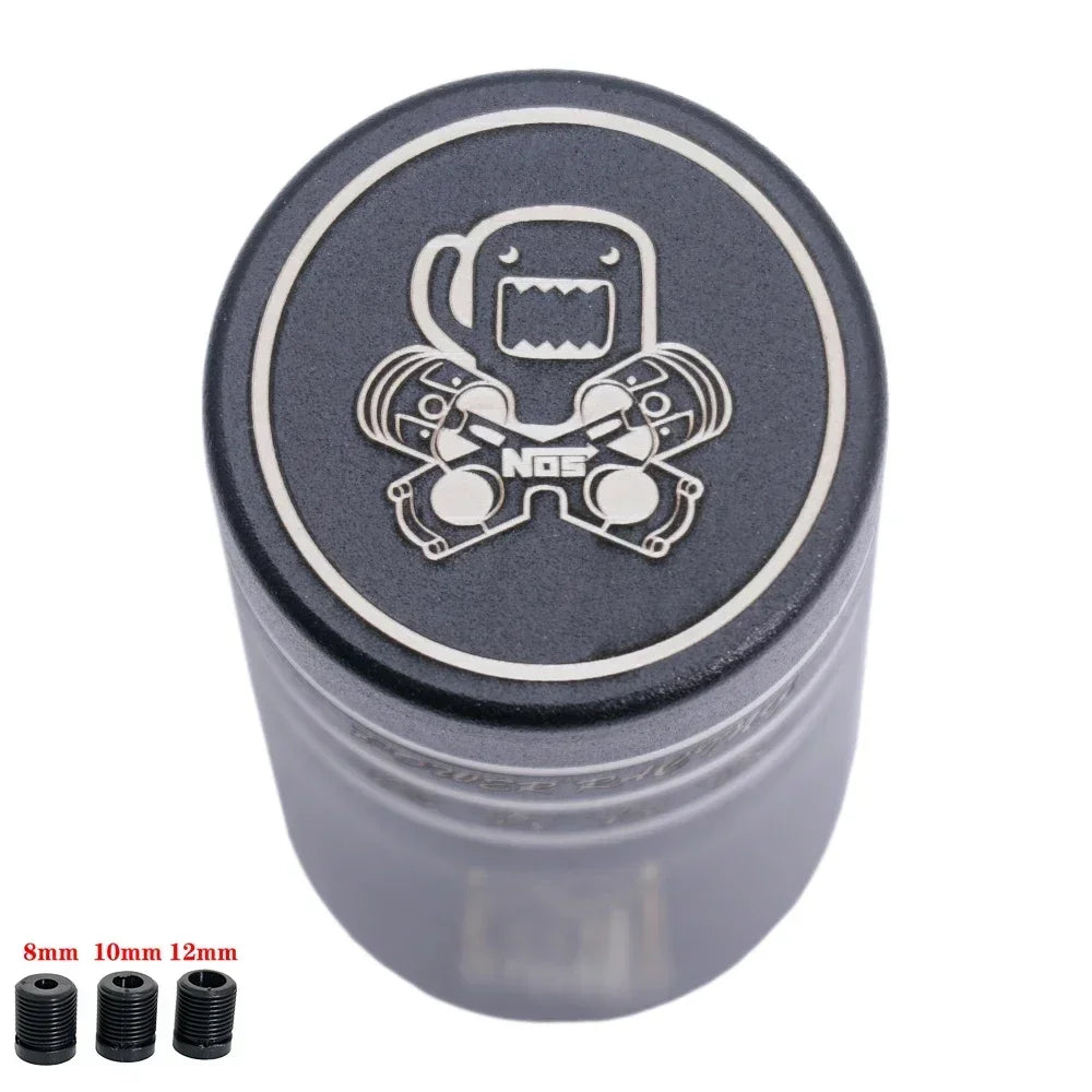 JDM racing manual shift knobs in black, chrome, and rainbow finishes with engraved graphics