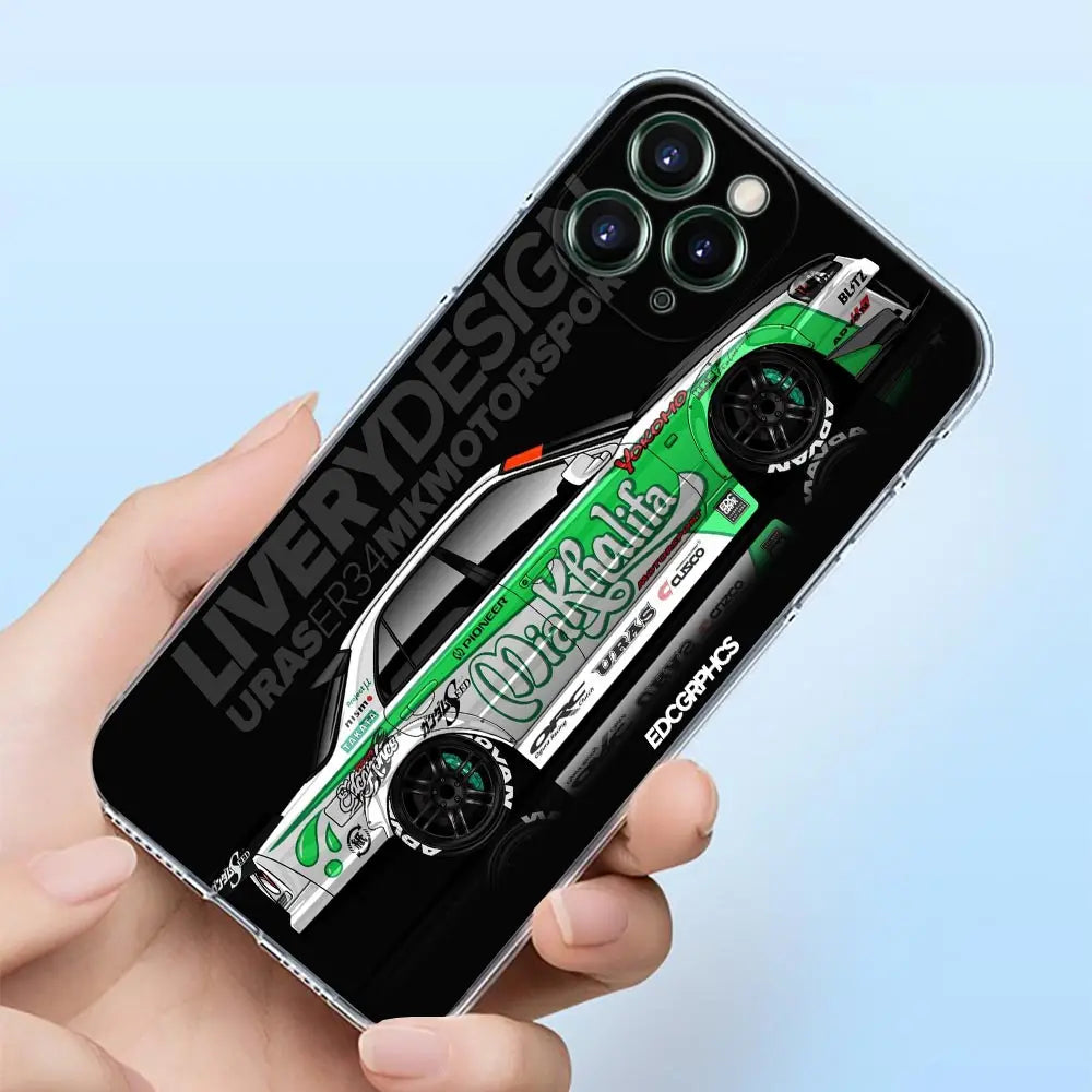 JDM racing phone cases featuring colorful Japanese tuner car artwork and modified sports car designs