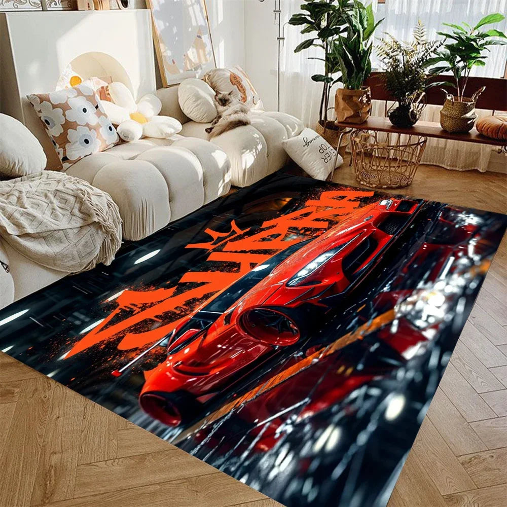supercar racing area rug featuring multiple red sports cars on a black background in a modern living room