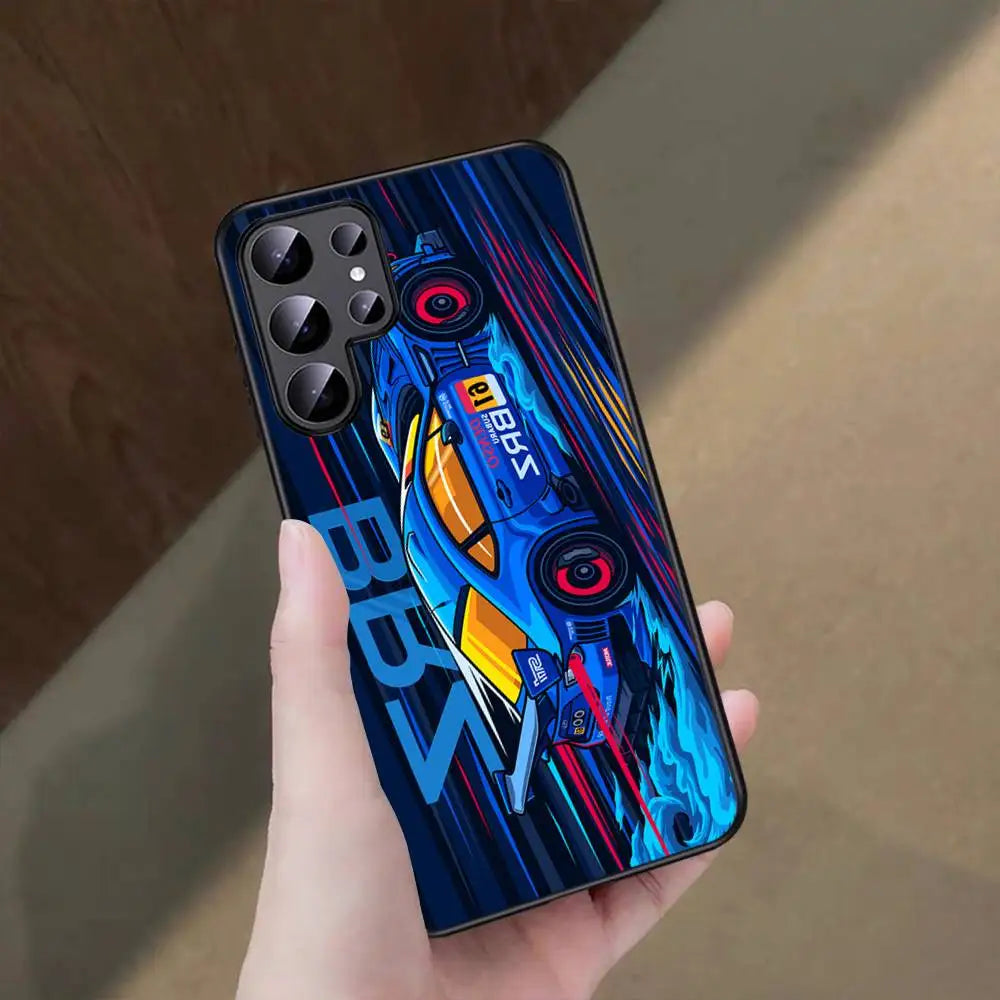 JDM-inspired sports car phone cases featuring colorful blue and pink racing artwork
