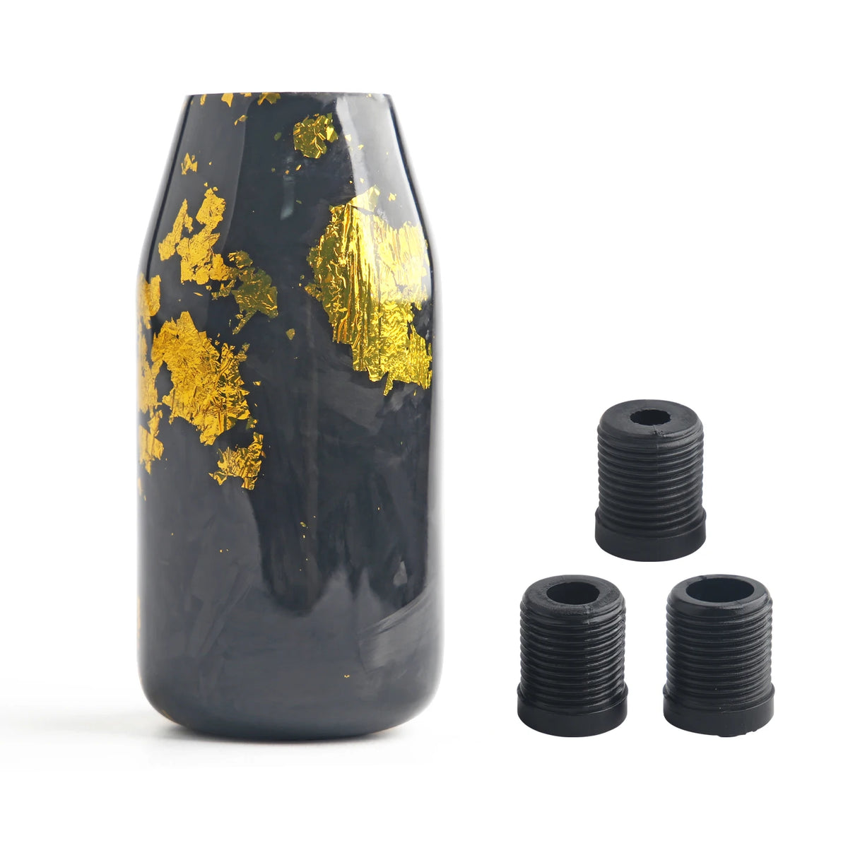 Black resin JDM shift knobs with metallic gold and red accents in round and ergonomic shapes