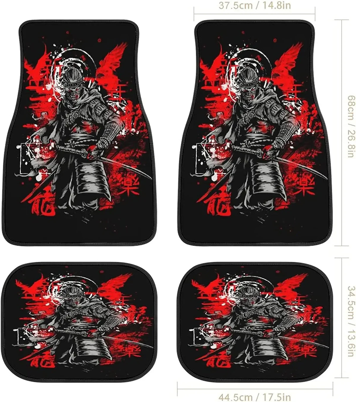 Black car floor mats featuring a bold red and white Japanese samurai warrior design, front and rear set