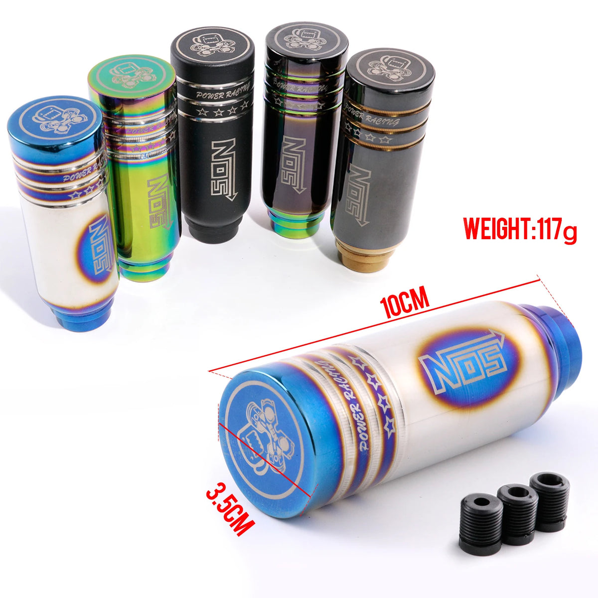 JDM racing manual shift knobs in black, chrome, and rainbow finishes with engraved graphics