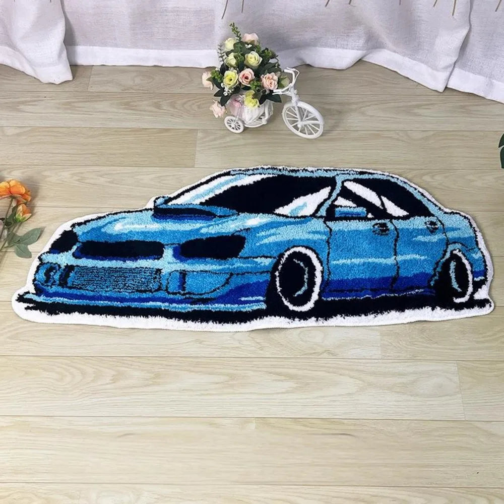 Car shaped area rug featuring a blue sports car design on a light wood floor