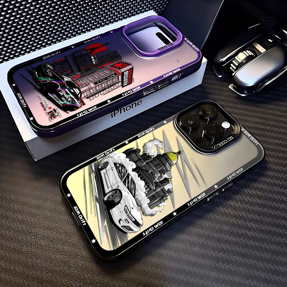 JDM drift phone cases featuring Japanese street racing artwork, performance cars, and mountain-inspired graphics