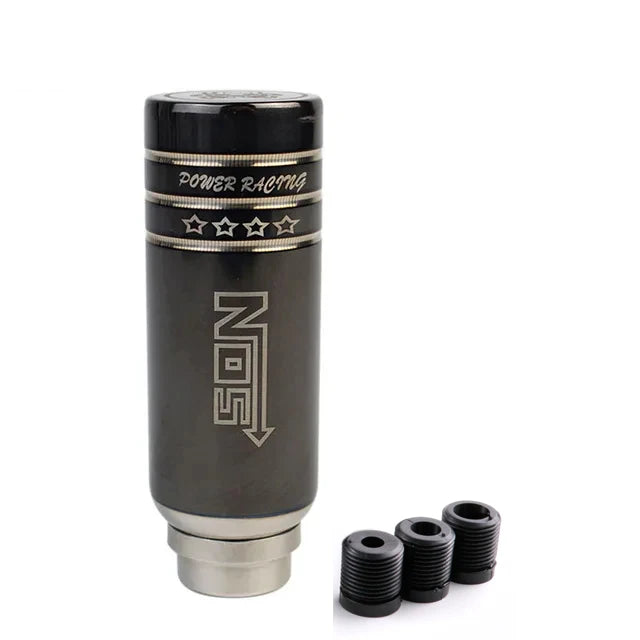 JDM racing manual shift knobs in black, chrome, and rainbow finishes with engraved graphics