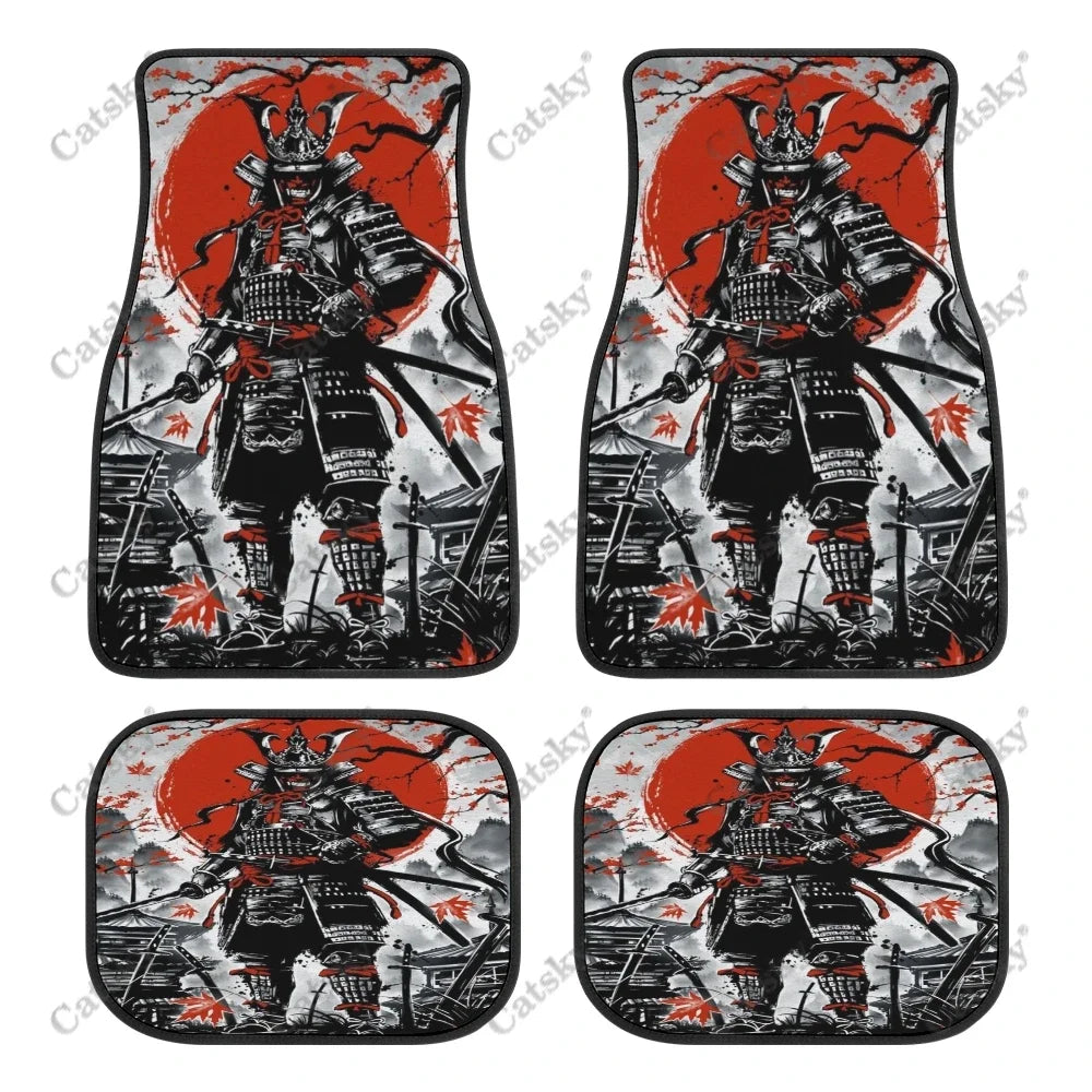 Black car floor mats featuring a bold red and white Japanese samurai warrior design, front and rear set