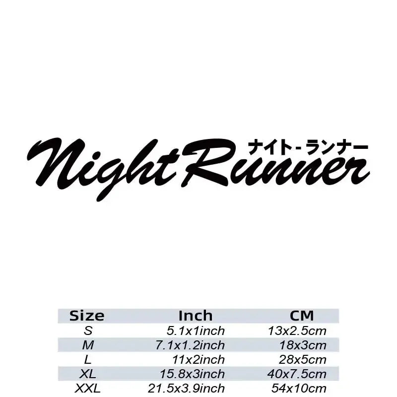 Night Runner Japanese style windshield sticker displayed on a black modified car