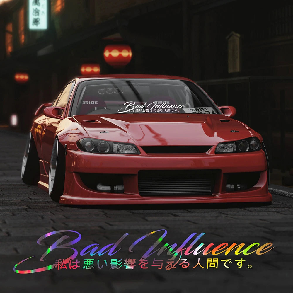 Bad Influence windshield sticker with Japanese text displayed on a red modified sports car