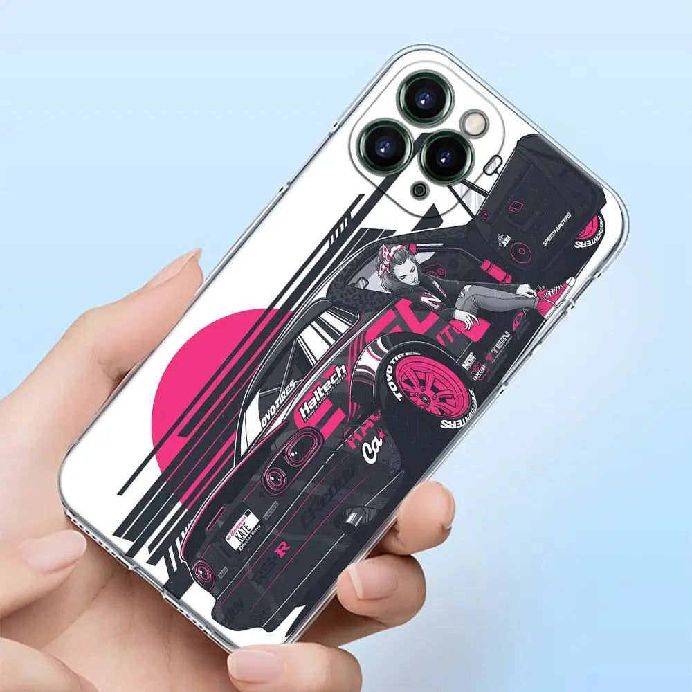 JDM racing phone cases featuring colorful Japanese tuner car artwork and modified sports car designs