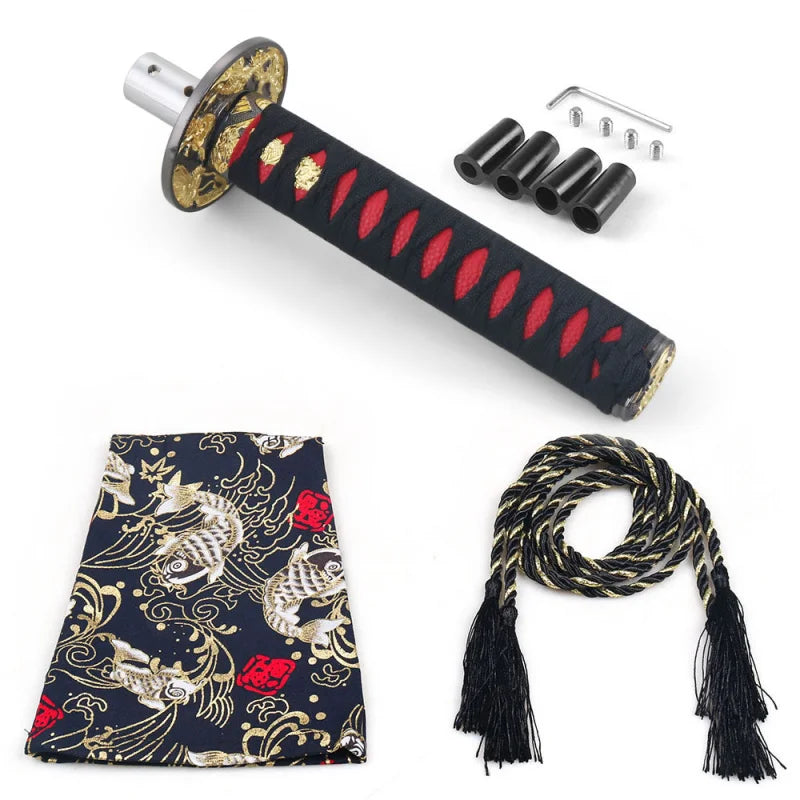 Japanese katana style manual shift knobs with wrapped handles in red black beige and blue