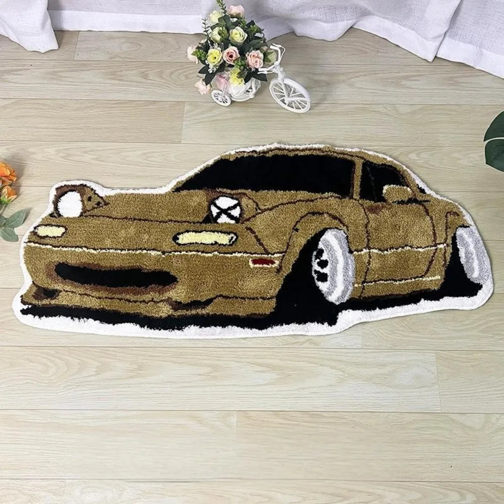 Car shaped area rug featuring a blue sports car design on a light wood floor