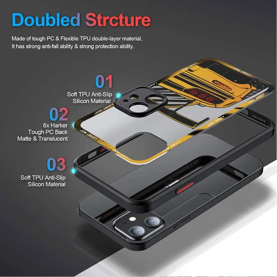 JDM racing phone cases featuring modified blue and purple sports car artwork with motorsport styling