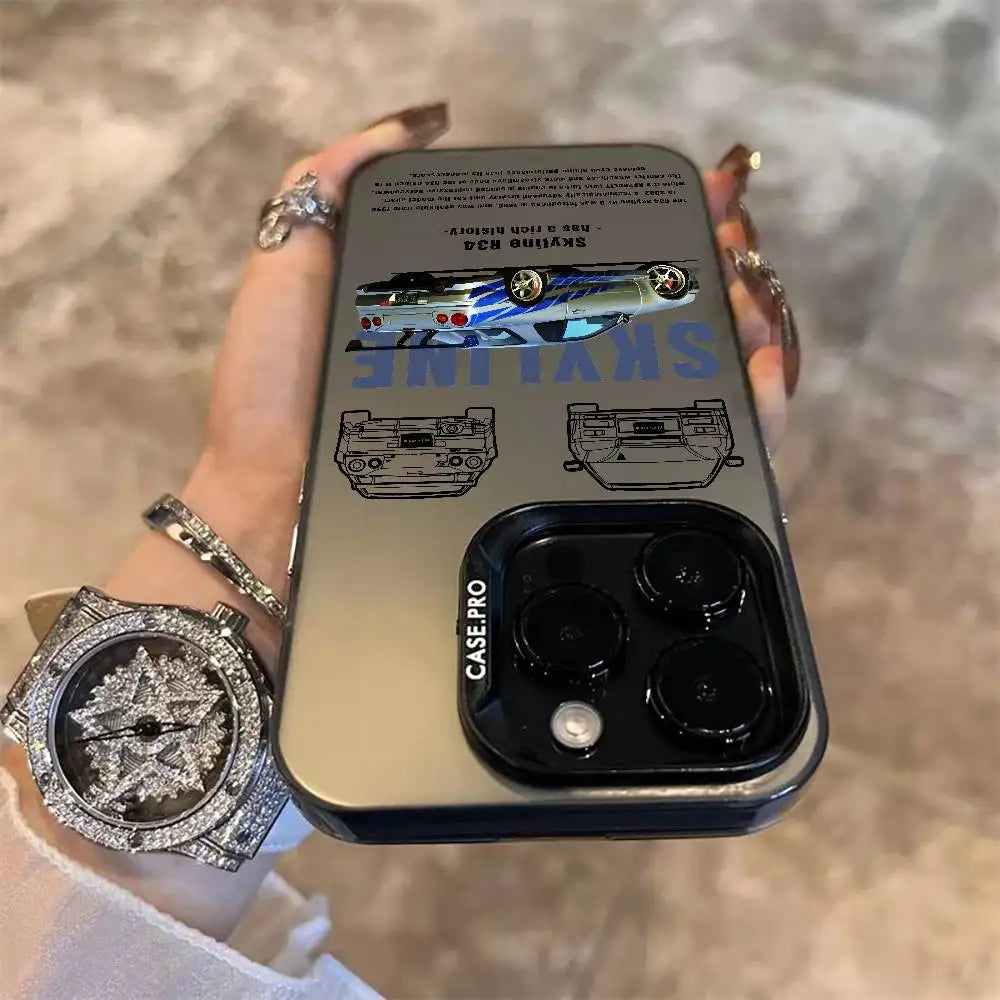 Nissan Skyline R34 phone cases featuring blue and purple JDM car artwork, technical illustrations, and automotive photography