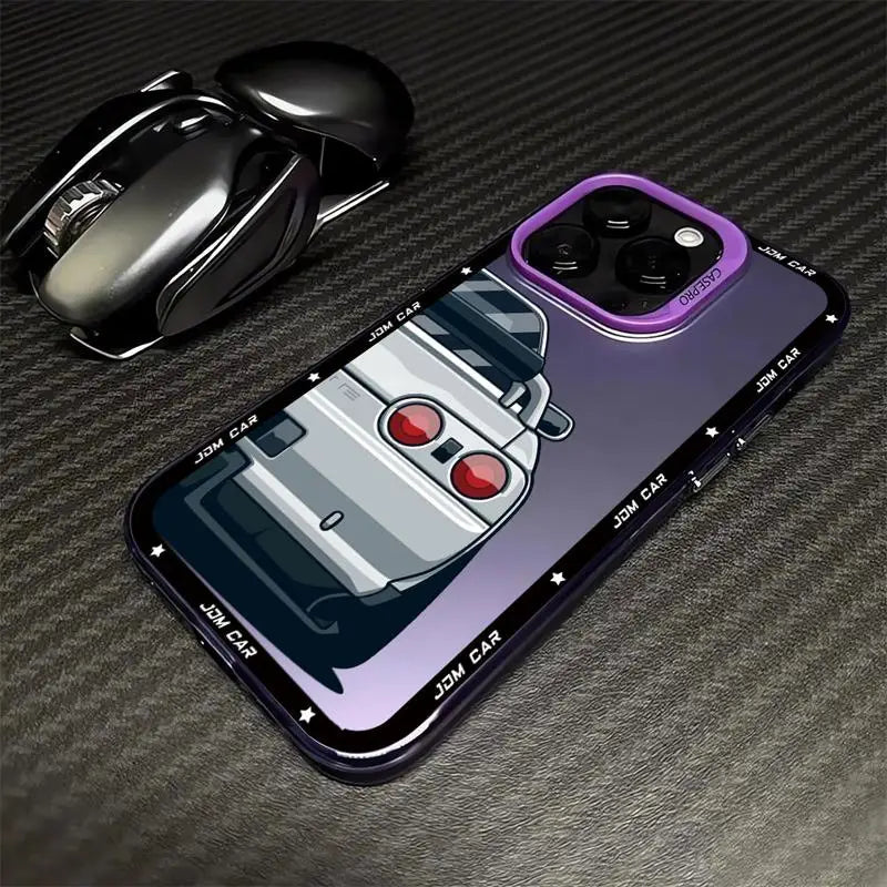 JDM phone cases featuring Japanese tuner car artwork with Skyline, Silvia, and Lancer-inspired designs