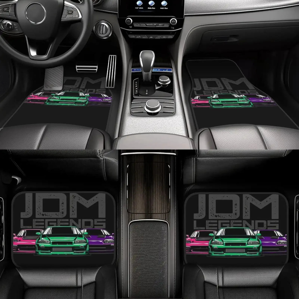 JDM Legends car floor mats featuring colorful Japanese sports cars on a black background inside a vehicle interior