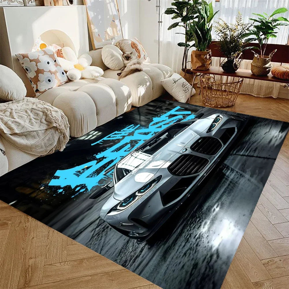 supercar racing area rug featuring multiple red sports cars on a black background in a modern living room