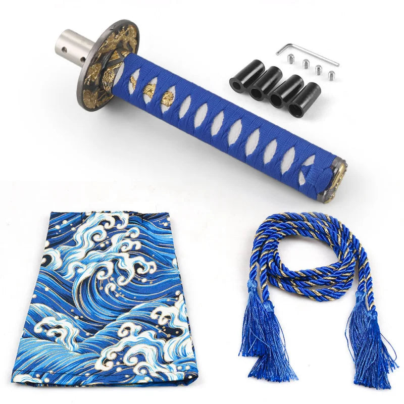 Japanese katana style manual shift knobs with wrapped handles in red black beige and blue