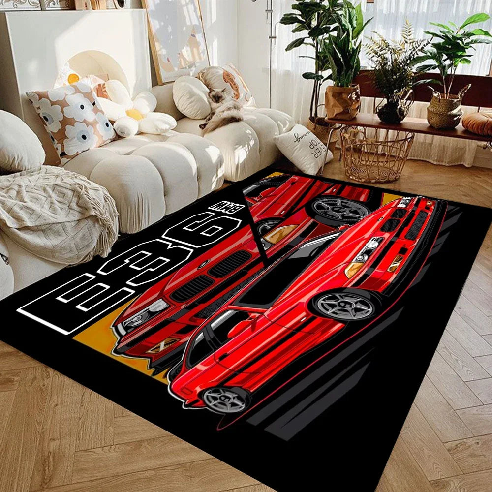 supercar racing area rug featuring multiple red sports cars on a black background in a modern living room