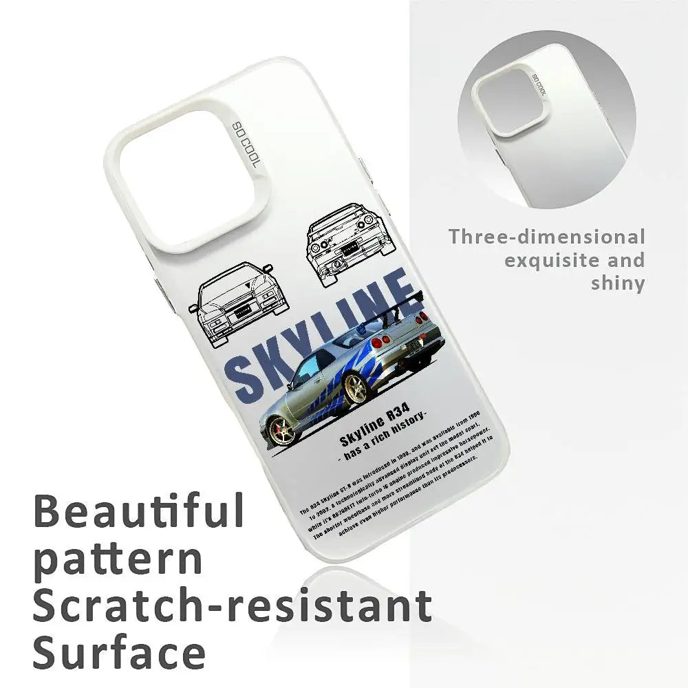 Nissan Skyline R34 phone cases featuring blue and purple JDM car artwork, technical illustrations, and automotive photography