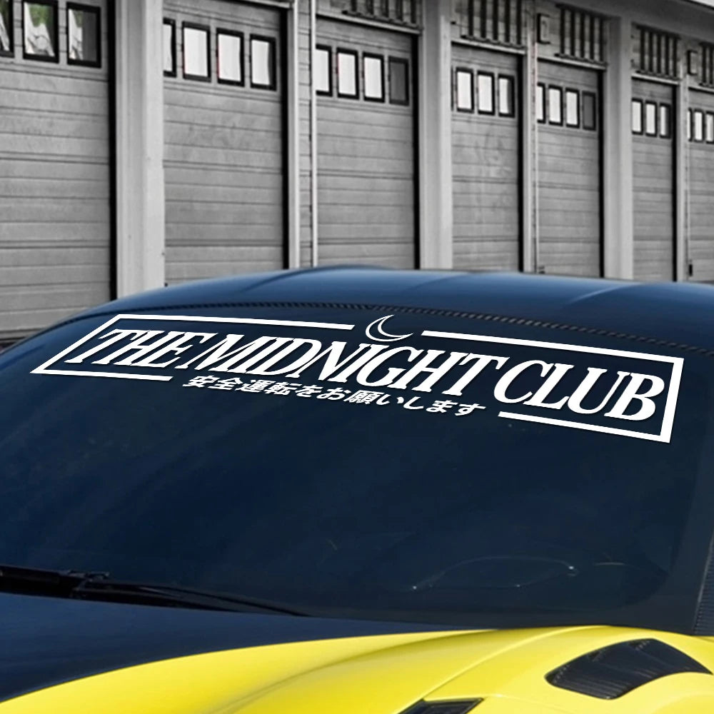  Midnight Club windshield sticker with crescent moon and Japanese text on a sports car