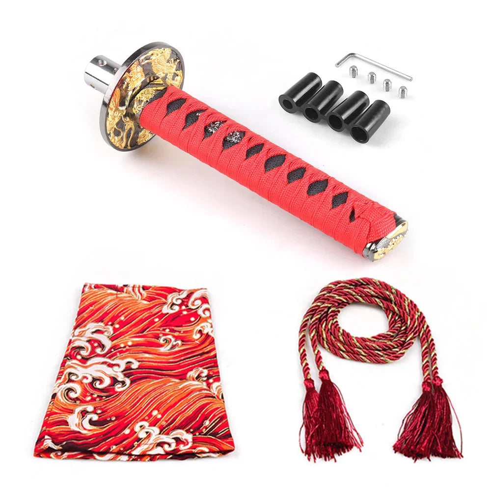 Japanese katana style manual shift knobs with wrapped handles in red black beige and blue
