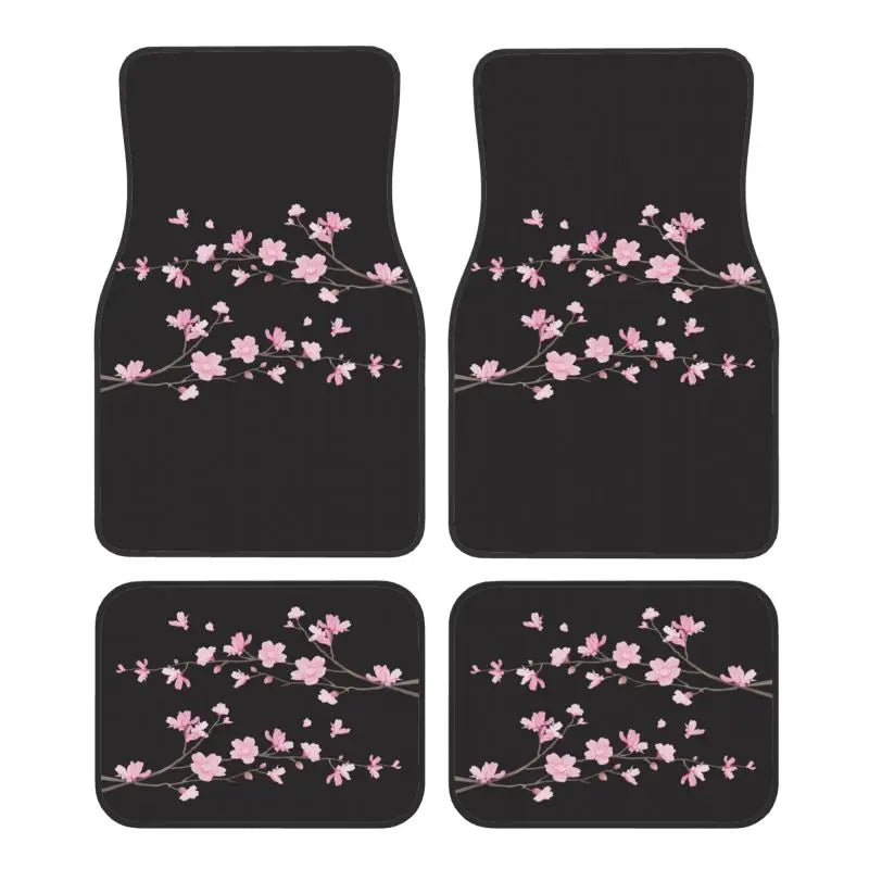 Black car floor mats with pink Japanese cherry blossom sakura design, front and rear set