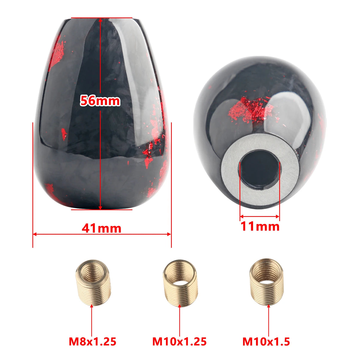 Black resin JDM shift knobs with metallic gold and red accents in round and ergonomic shapes