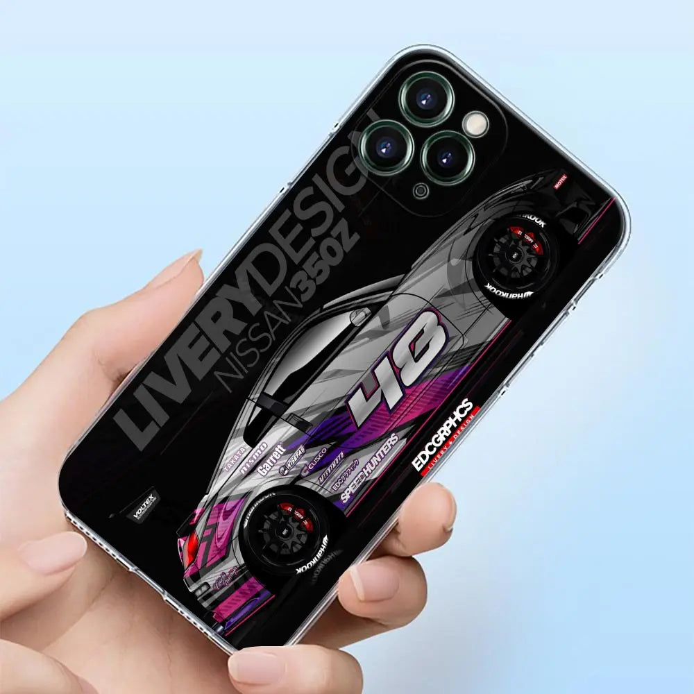 JDM racing phone cases featuring colorful Japanese tuner car artwork and modified sports car designs