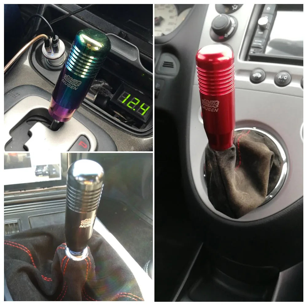 Mugen style JDM manual shift knobs in red, black, silver, blue, and rainbow finishes