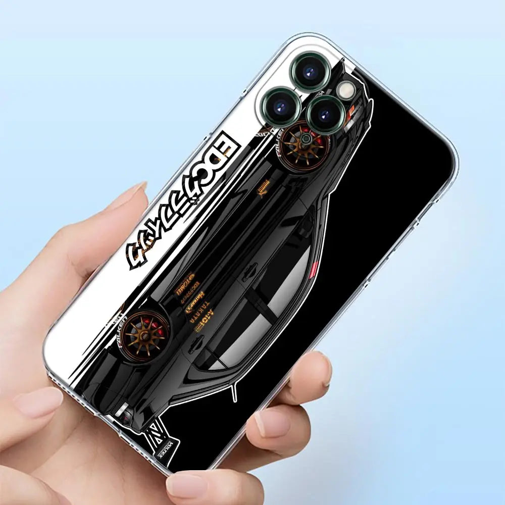 JDM racing phone cases featuring colorful Japanese tuner car artwork and modified sports car designs