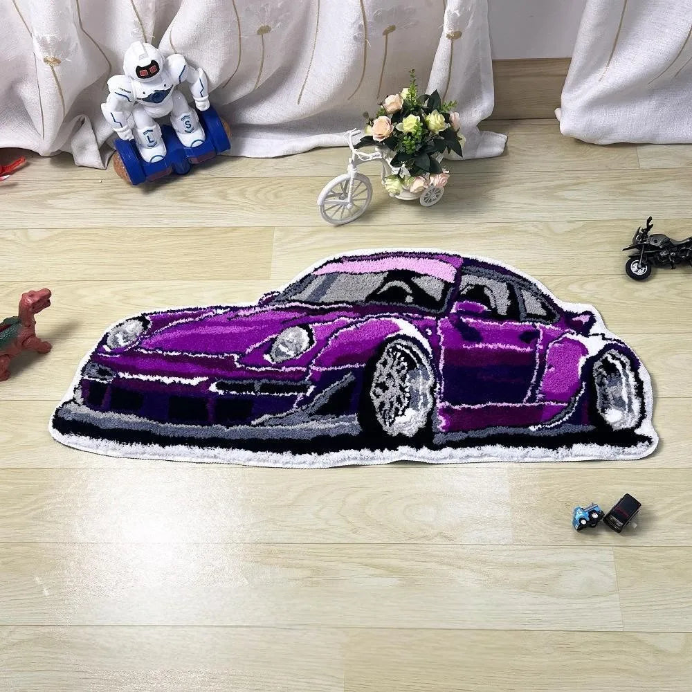 Car shaped area rug featuring a blue sports car design on a light wood floor