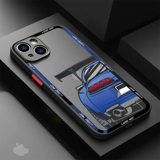 JDM racing phone cases featuring modified blue and purple sports car artwork with motorsport styling