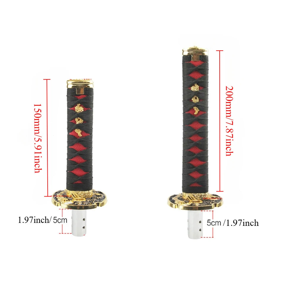 Samurai katana style manual shift knob with wrapped black and red grip installed in a car interior