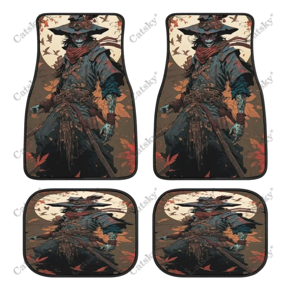 Black car floor mats featuring a bold red and white Japanese samurai warrior design, front and rear set