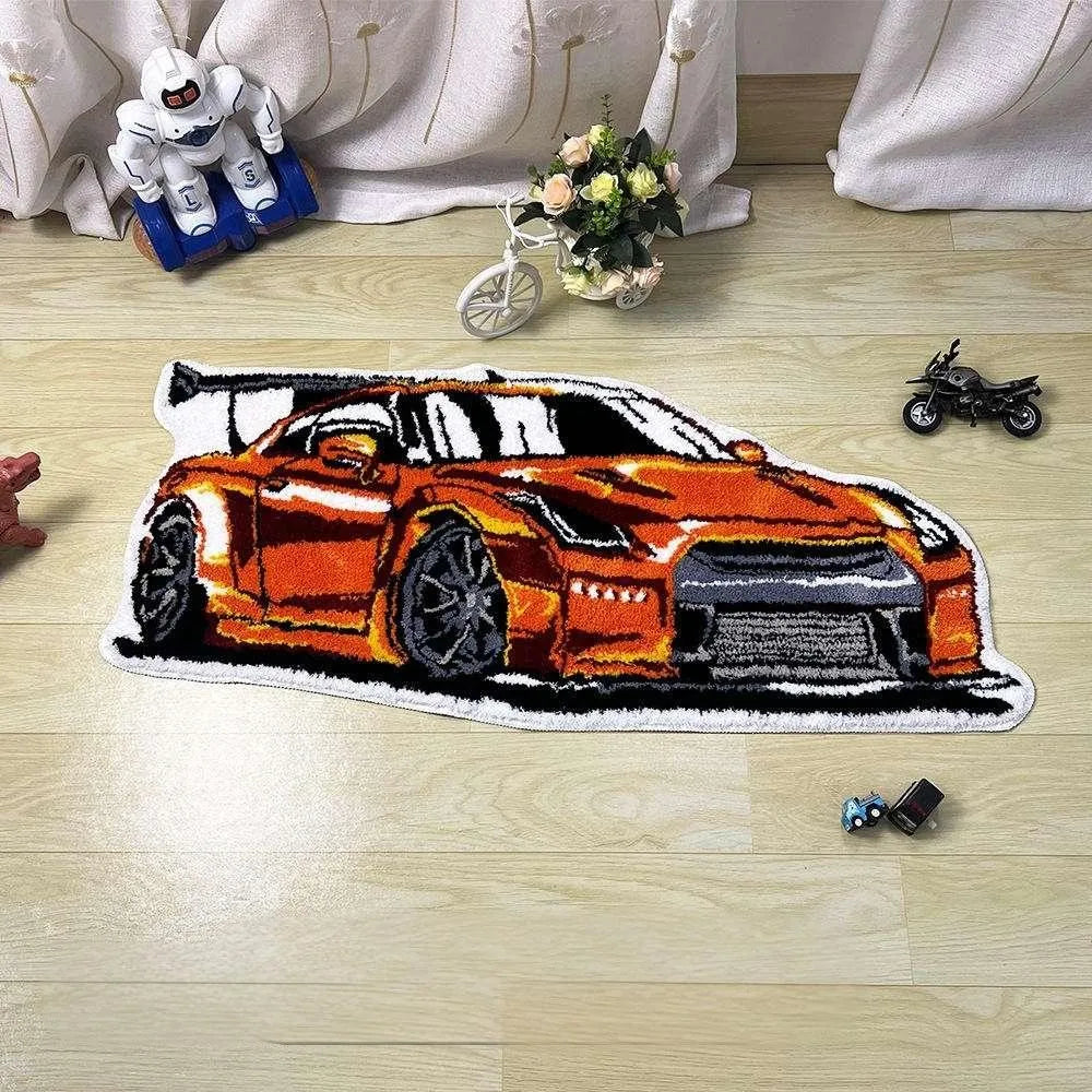 Car shaped area rug featuring a blue sports car design on a light wood floor